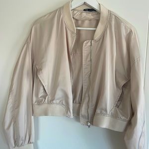 Zara Satin Cropped Bomber Jacket - Size Medium - Cream colour